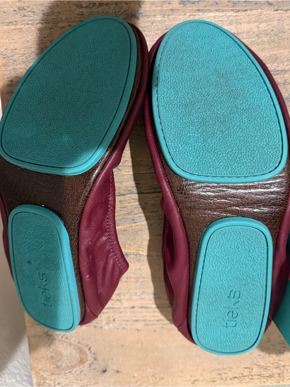 Tieks Burgundy Leather Ballet Flats with Teal Trim - Picture 5 of 5
